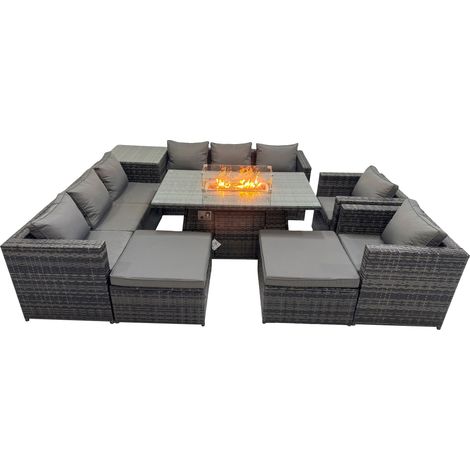 Fimous 10 Seater Garden Outdoor Rattan Furniture Set Patio Corner Sofa Gas Firepit Dining Table with Side Table 2 Big Stools Dark Grey (1/5)
