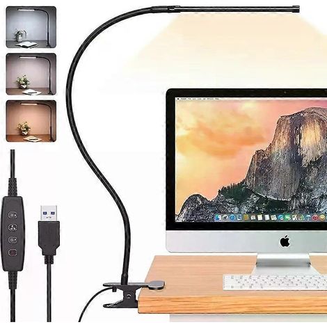 10-W-LED-Schreibtischlampe mit Klemme, dimmbar, 10 Helligkeitsstufen, 3 Beleuchtungsmodi, flexibel, USB-Anschluss (1/4)