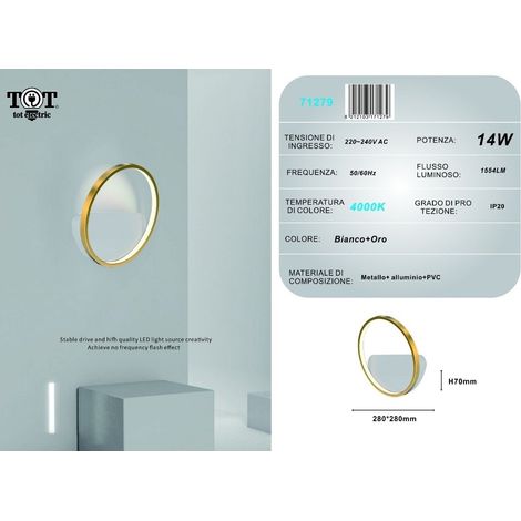 Applique da parete led 14w cerchio oro lampada tonda design moderno luce per camera soggiorno bagno Naturale