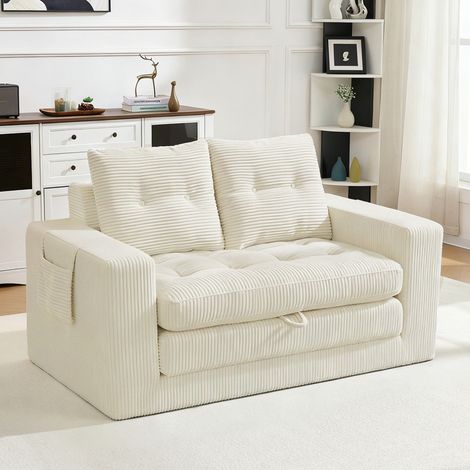 Canapé droit convertible 2 places 140x85x67cm,assise extensible, accoudoirs larges,poches latérales,velours côtelé Beige (1/5)