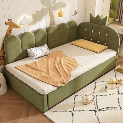 DESVIAE Lit de jour enfant en velours avec lit gigogne 90 x 200 cm 90 x 190 cm forme L vert couronne et grille réversible gauche droite (1/5)