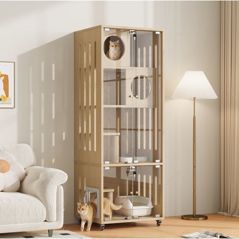 Maison pour chat mobile avec porte vitrée, serrure, chatière et roulettes, 60 x 50 x 156 cm, OKWISH (1/5)