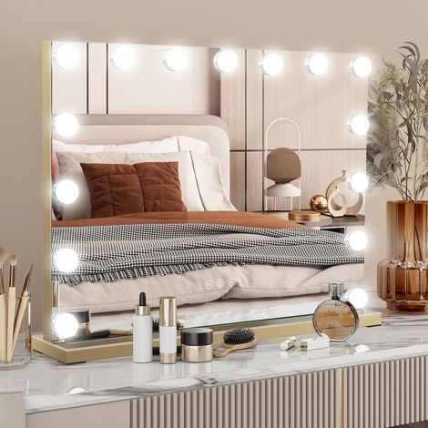 Miroir Maquillage Hollywood avec LED Lumineux Tactile 58x45CM, Température et Luminosité Variable, avec Petit Miroir Grossissant, 15 Ampoules, Port USB, Doré (1/5)