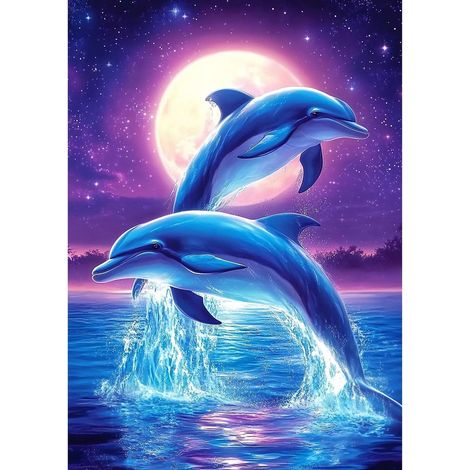 Diamant Painting Set Delfin unter Mond, Runde Steine, DIY Diamond Art für Erwachsene, Wanddeko 30x40cm
