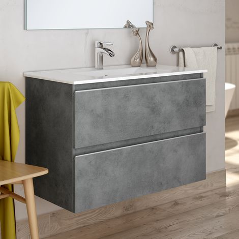Meuble sous vasque seul, 2 tiroirs, 70cm, pour simple vasque - ciment (gris) - BALEA