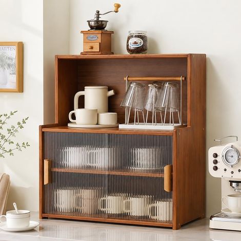 Petit buffet de cuisine en bambou pour plan de travail, armoire avec portes coulissantes, étagères réglables pour pots à épices et ustensiles de cuisine, tasses (1/5)