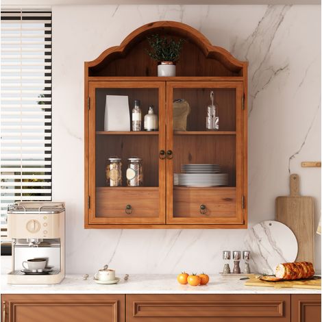 Mobile pensile 60x22x76,5 cm in legno e vetro marrone con 2 cassetti - MEUBLIV (1/5)
