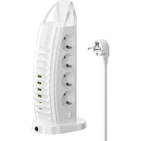 Multiprise avec USB C, multiprise Tour 8 Prises avec 6 USB, 2M câble Protection contre les surtensions et interrupteur, Câble rallonge 2M, Pour bureau et maison (1/5)