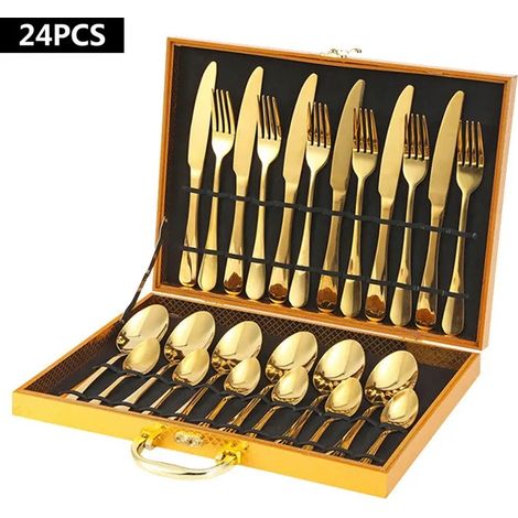 24 Pièces Ménagères Set Couverts de Table, 6 Personnes Ensemble Vaisselle de Table, Ménagères en Acier Inoxydable, 24 Pièces or (1/5)