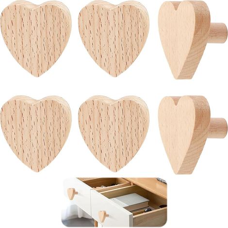 Juego de 6 pomos para muebles, con forma de corazón, de madera maciza de alta calidad con textura natural, ideales para la decoración de dormitorios, cocinas y salas de estar. (1/4)
