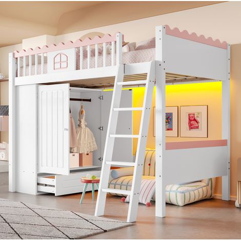 Lit mezzanine enfant 90x200 cm en pin avec armoire, tiroir et LED, rangement gain de place (1/5)