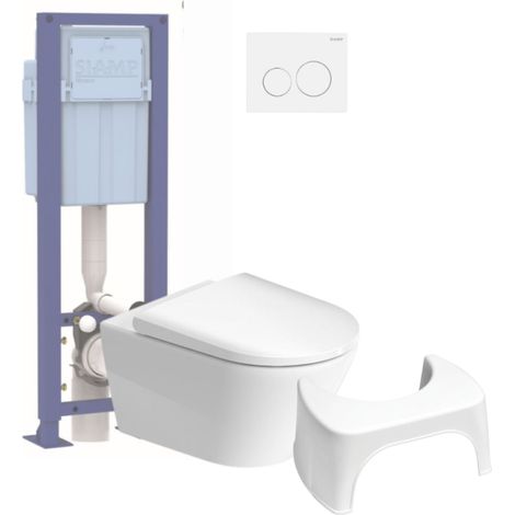 Pack WC suspendu sans bride DURAVIT D-Neo avec abattant frein de chute + bati support SIAMP + Plaque chromée + Tabouret