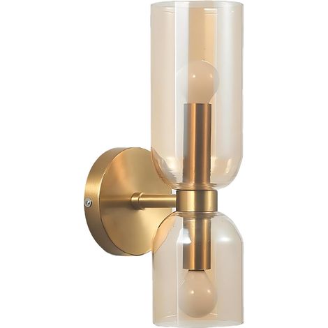 Applique Murale Moderne à 2 Lumières en Or – Lampe Murale avec Abat-jour en Verre, E14 lampe D'applique Intérieure pour Chambre, Salle de Bain, Salon (Ambre) [Classe énergétique E]