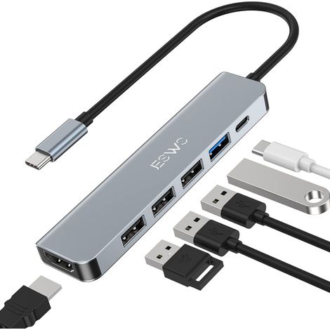 Adaptateur USB C Hub HDMI, Adaptateur USB C 6 en 1 avec HDMI 4K, 1 Port USB 3.0 et 3 Ports USB 2.0, Alimentation 100 W Compatible avec Windows 10/8, Mac OS 10.5 ou supérieur, Linux et Plus Encore. (1/5)