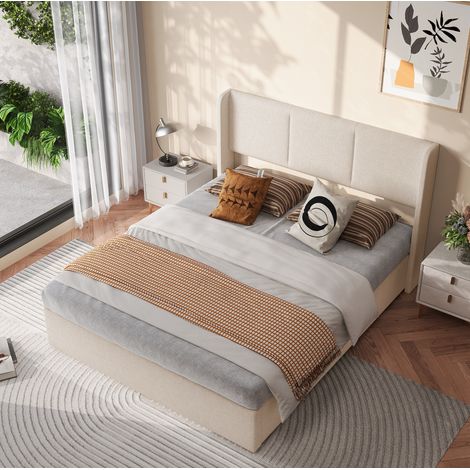 Lit coffre 160/200 cm beige avec relevage hydraulique et tête de lit capitonnée (1/5)
