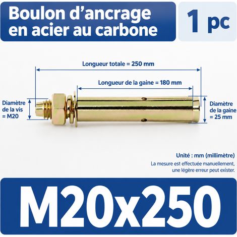 Goujon d'ancrage cheville métallique M20 x 250 mm m20x250 1 pièces 25mm 1 kg – Livraison gratuite