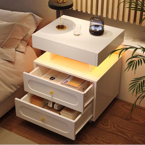 Mesita de noche LED (100x40x60 cm), con 2 cajones y espacio abierto, 3 colores de luz, tablero de partículas blanco (1/5)