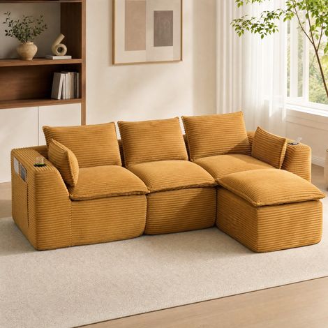 Sofá modular de 3 plazas con reposapiés, cojines y portavasos naranja HAVRYA (1/5)