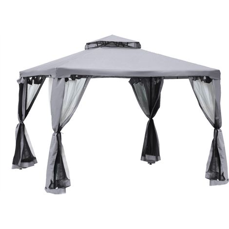 Pavillon de jardin, tente de réception 3x3m avec 4 parois latérales, résistant aux intempéries, en métal et polyester gris clair, pour le jardin et les événements (1/5)