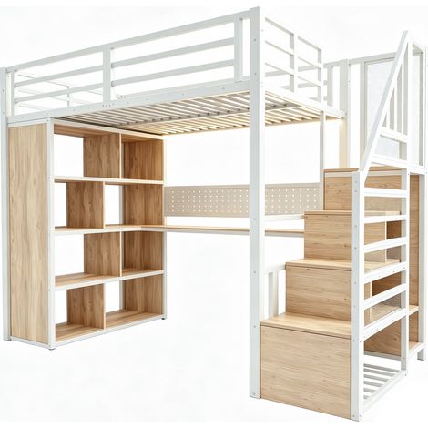 Metall-Hochbett 90 x 200 cm mit Schreibtisch, Schrank, Stauraum und LED HOMVRA (1/5)
