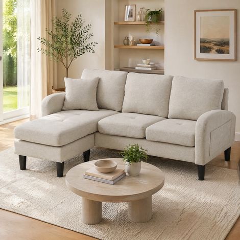 DESMIU Canapé d'angle réversible 3 places avec méridienne modulable en tissu Beige Gris et Blanc 166 × 118 × 77 cm (1/5)
