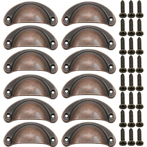12 Pieces Shell Door Handle, Retro Door Handles, Traditional Half Moon Furniture Handles with Screws, for Drawer, Cabinet, Dresser (Red Bronze)