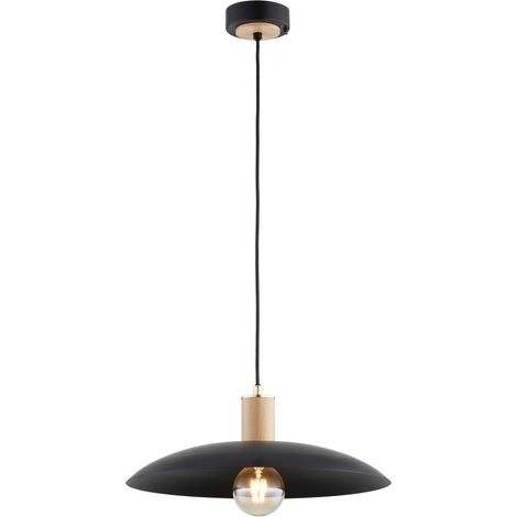 Suspension scandinave en métal noir et bois clair, abat-jour plat Ø41,5 cm, 1 lumière E27 15 W SPINER Alfa (1/2)