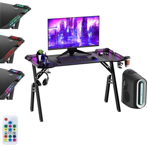 Hengmei – Table de jeu A-Frame 160 x 60 cm – Bureau gamer noir avec LED RGB réglable – Porte-gobelet et crochets pour écouteurs – Surface en fibre de carbone