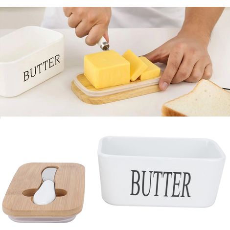 Beurrier avec couvercle en bois, boîte à beurre de cuisine en céramique avec couvercle hermétique, plateau de rangement. (1/5)