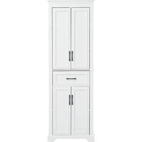 Armoire haute blanche pour salle de bain 60×40×180cm, 2 portes + 1 tiroir central, meuble de rangement multifonction pour WC, salle d’eau et entrée (1/5)
