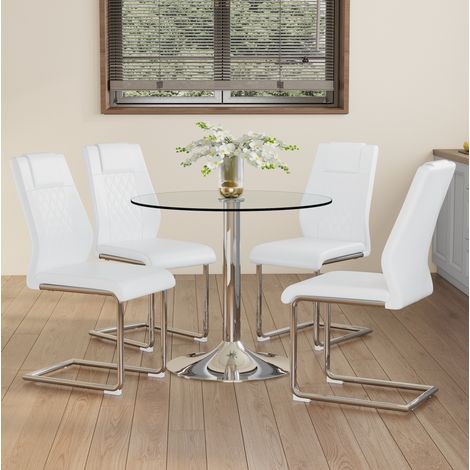 Set tavolo e sedie da pranzo 85x85x76 cm, piano in vetro trasparente, base in metallo, PU bianco, argento (1/5)