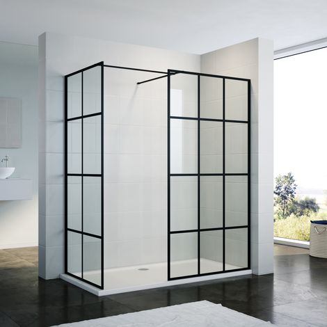 ELEGANT 1200mm Matte Black Frame Walk in Wet Room 800mm Side Screen Panel 8mm Tempered Glass Shower Cabin Enclosure Include Double Stainless Steel Support Rod (1/5)