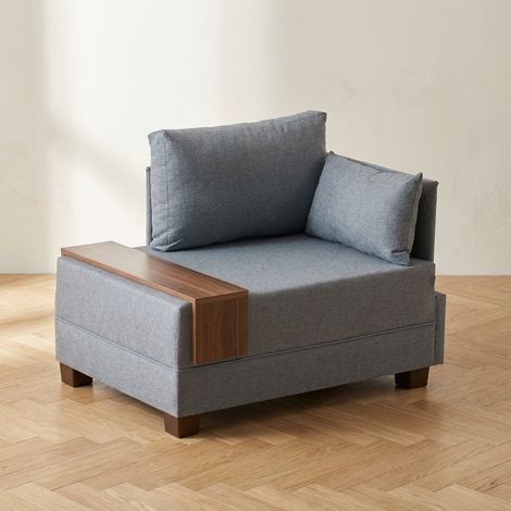 Modern Sessel Blaue Stofffliege - rechts - mit Holztisch (1/5)