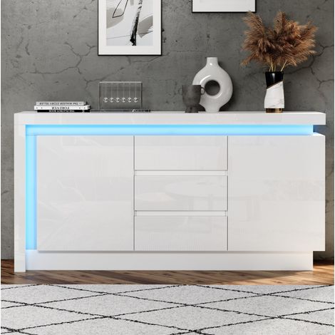 Buffet en panneaux de particules blanc 140 x 35 x 72 cm, 2 portes, 3 tiroirs, tablettes réglables, LED (1/5)