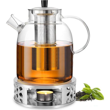 Théière verre 1,8L avec infuseur acier, réchaud, dessous plat, résistante chaleur, thé en vrac/sachets. (1/5)