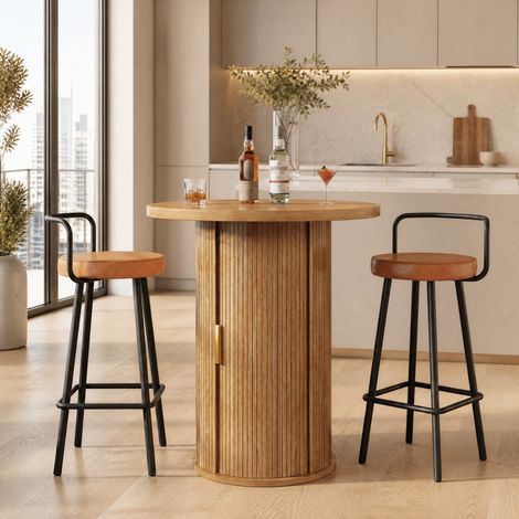 Set bar 60x60x91.6 cm con tavolo rotondo con contenitore e 2 sgabelli imbottiti, MDF e metallo, effetto legno (1/5)