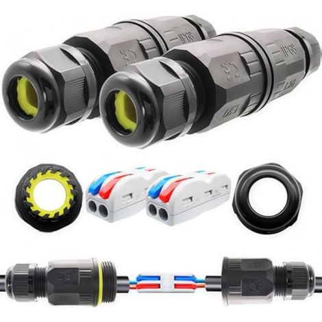 Connecteurs fils IP68 Bornier à serrage rapide pour câbles (AWG20-12 L/N 2 in 2 out) Connecteur câble extérieur Boîte jonction étanche Lot de 2 Pour adapté pour diamètre câble Ø6-9 mm (1/5)
