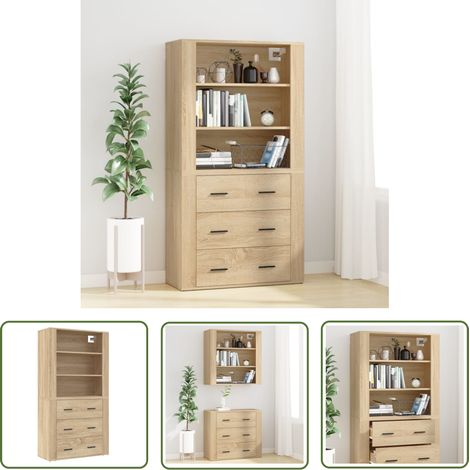 The Living Store Buffet haut Chêne sonoma Bois d'ingénierie - Buffet Design - Buffet Moderne - Buffet En Bois - Buffet Rangement - Meuble Tv (1/5)