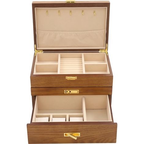 Joyero de 3 niveles, de madera, dimensiones 30 x 20 x 15 cm, ideal para anillos y collares, estilo retro. (1/5)
