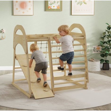 Structure d'escalade d'intérieur 6-en-1 avec toboggan, bois naturel, 3-6 ans DESVIAE (1/5)