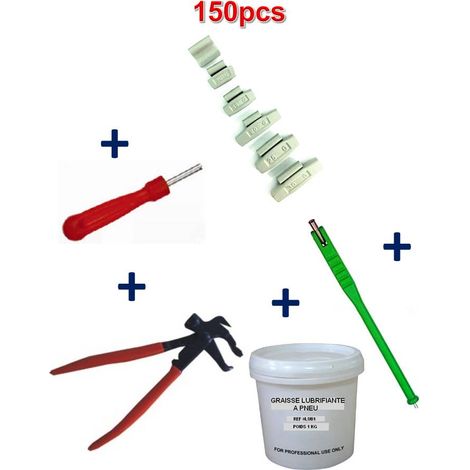 Kit 150 Plombs Masses d’Equilibrage à Frapper 5 à 30gr + Tire Valve + Démonte Obus + Graisse Pneu + Pince