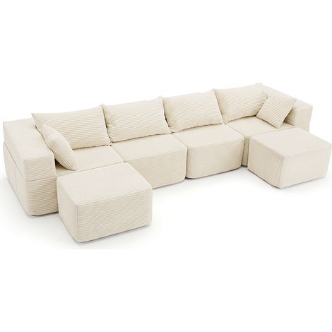 Canapé d'Angle Modulable en Velours Côtelé avec Assise Profonde, 2 Tabourets, Coussins, Accoudoirs, Poches Latérales, Housses Lavables, Canapé-Lit (1/4)