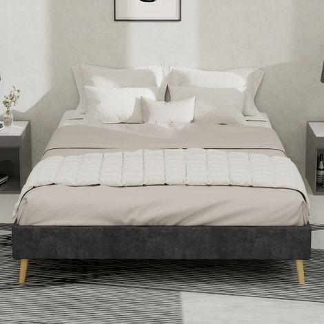 Cadre de lit de style moderne et épuré, tissu velours hollandais, avec vérin à gaz, mobilier de chambre moderne, tête de lit et matelas non inclus. (1/5)