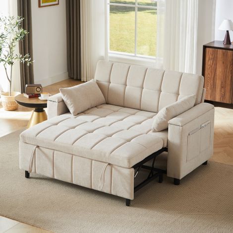 Divano letto 3 in 1 a 2 posti in ciniglia con vani portaoggetti nei braccioli, letto estraibile per gli ospiti con tasche laterali, robusta struttura in metallo, divano multifunzionale per soggiorno e