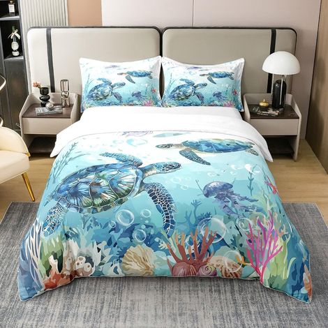 Tortue Coton Sets de Housse de Couette Reptile Tortoise Parure de Lit 240x260cm Océan Marine Housse de Couette sous l'eau Animaux Modèle Méduses Parure Housse de Couette - 260 x 240 cm + 2 taies d'ore (1/5)