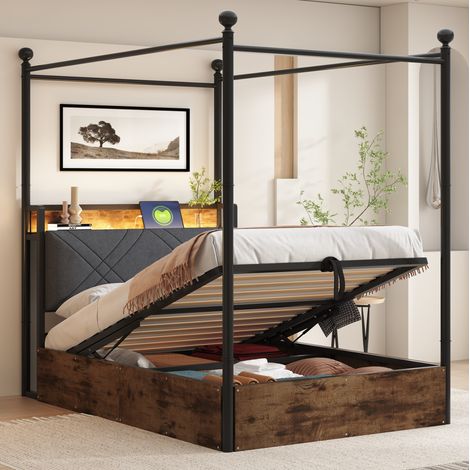 CHICFURN Letto singolo 90x190 cm in metallo nero con contenitore, LED e USB-C (1/5)