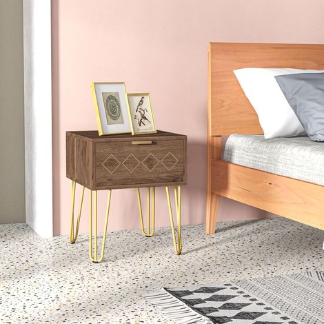 Tables de chevet modernes, ensemble de 2 pièces avec tiroir, tables de chevet pour chambre à coucher, salon, en aggloméré et acier, 39.5x41x49 cm, Marron et Or (1/5)