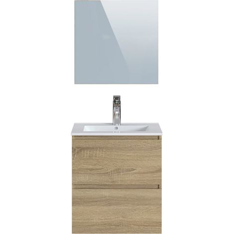 Meuble de salle de bain en mélamine coloris chêne - Longueur 60 x profondeur 45 x Hauteur 85 cm -PEGANE- (1/2)