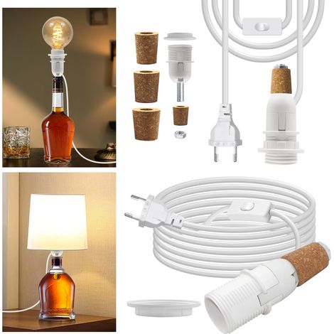 Kit Lampe Bouteille, E14 Adaptateur Bouteille pour Douille de Lampe, Support Lampe Bouteille avec Interrupteur et Cable 240 cm, 3 Tailles de Bouchons, pas D'ampoule, Abat-jour, pour Chambre Bureau (1/5)