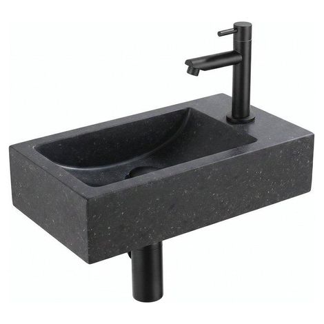 FugaFlow Eccelente Pietra ensemble de lavabo - 22x40x10cm - 1 trou de robinet - droite - pierre naturelle - robinet de lavabo noir mat - foncé (1/2)